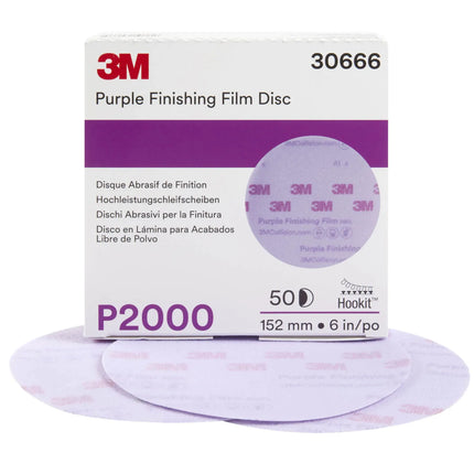 3M 30666 - 2000 Grit Hookit Purple Finishing Film Disc (6in, 50 Pcs, No Holes)