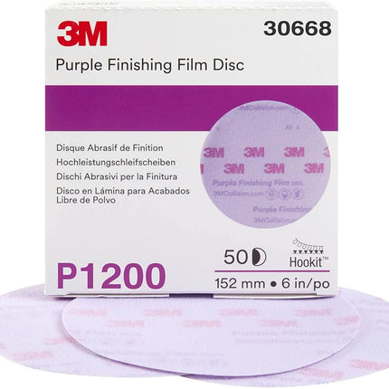 3M 30668 - 1200 Grit Hookit Purple Finishing Film Disc (6in, 50 Pcs, No Holes)