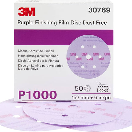 3M 30769 - 1000 Grit Hookit Purple Finishing Finishing Film Disc Dust Free (6in, 50 Pcs, Holes)