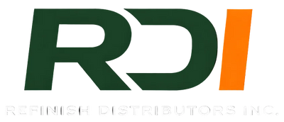Logo of Refinish Distributors Inc. with green and orange letters on a black background.